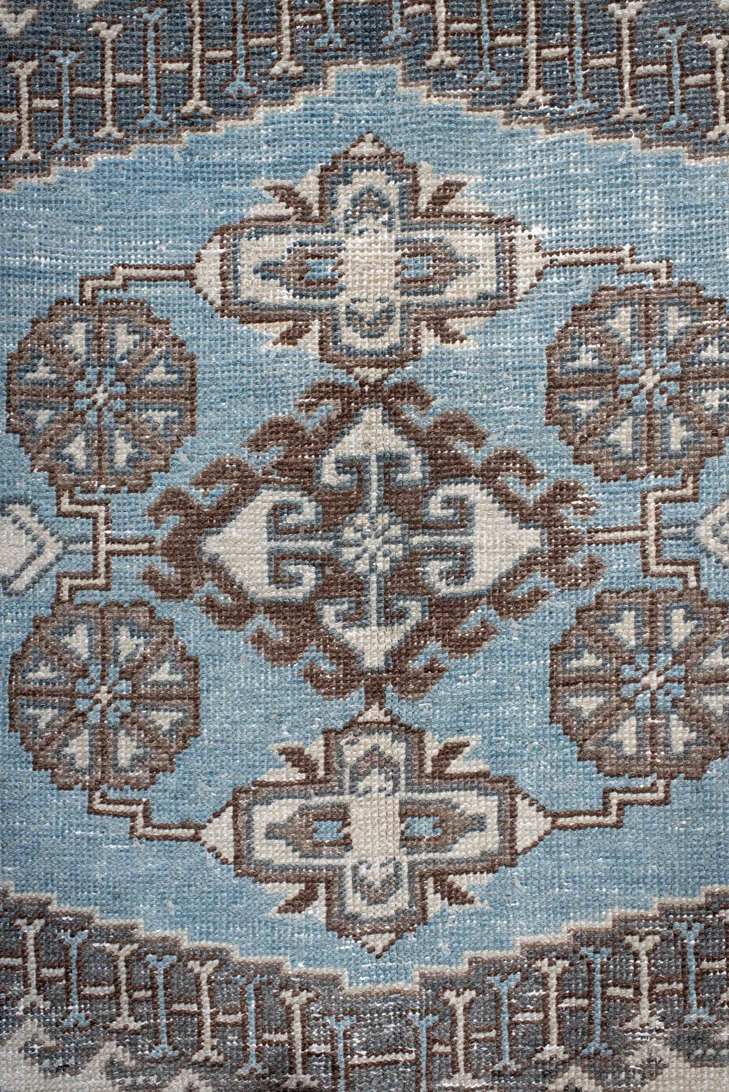 6' x 9' one-of-a-kind handmade antique Veece medium size rug. Color palette: ivory, sky blue, slate, taupe, brown, charcoal