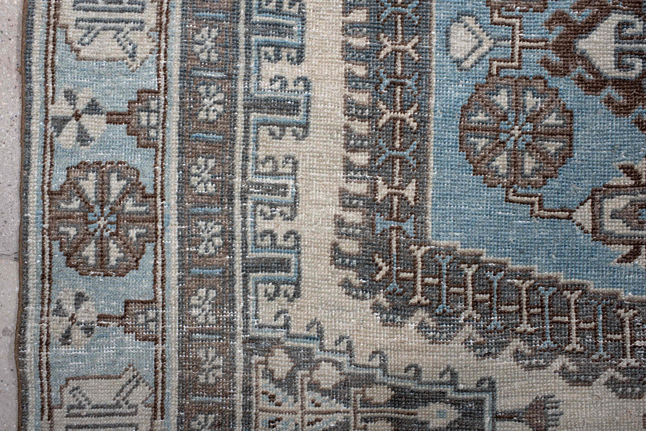 6' x 9' one-of-a-kind handmade antique Veece medium size rug. Color palette: ivory, sky blue, slate, taupe, brown, charcoal