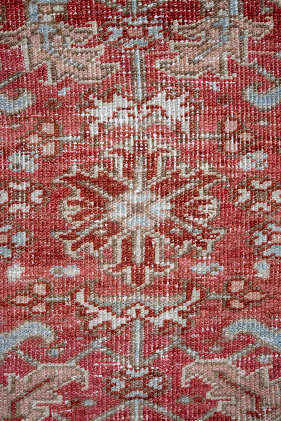 7' x 10' one-of-a-kind handmade vintage Heriz large size rug. Color palette: coral, pale blue, ivory, rust, rose, taupe