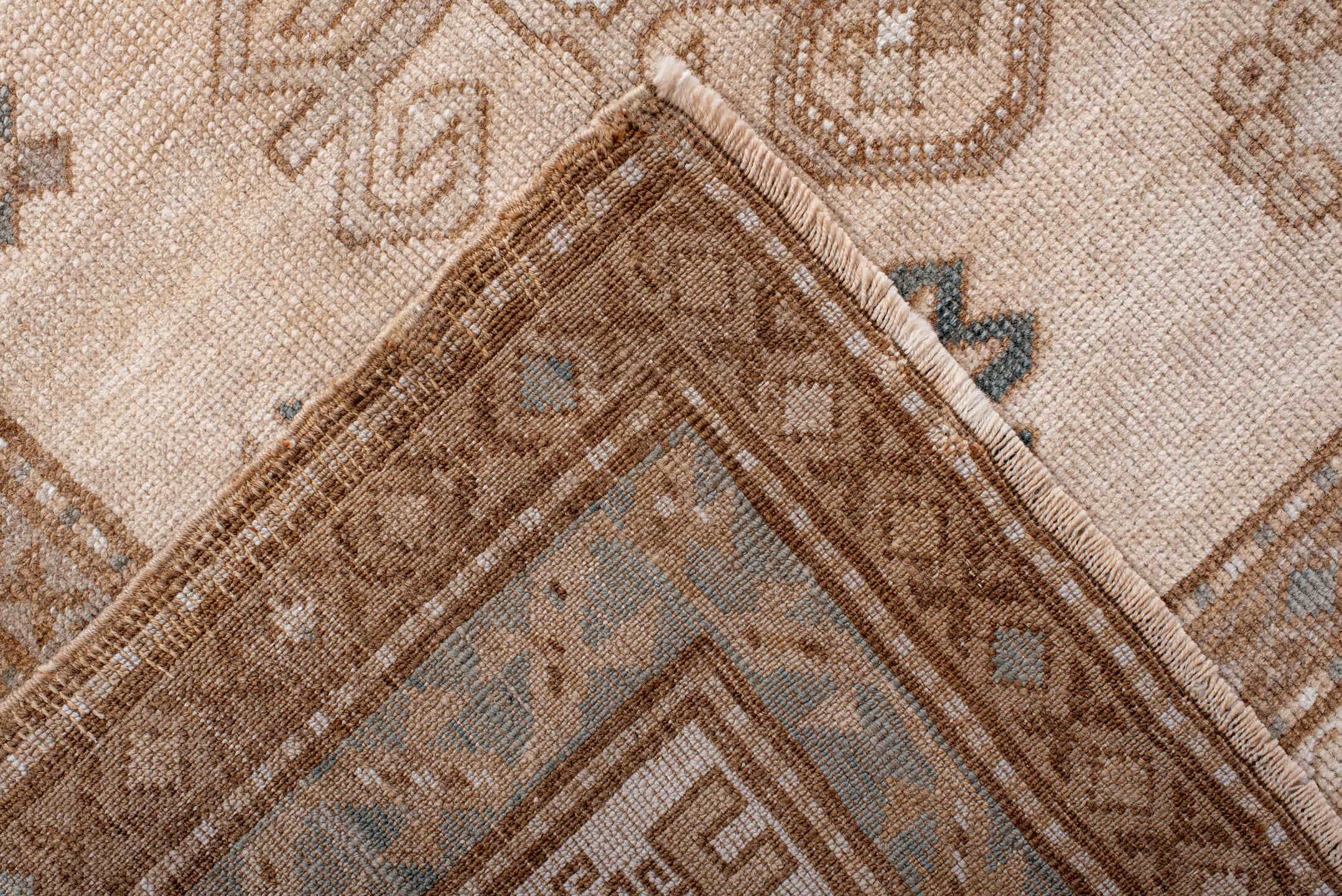 7' x 9' one-of-a-kind handmade vintage Trans Caucasian rug. Color palette: brown, dim gray, gray, light gray, off-white