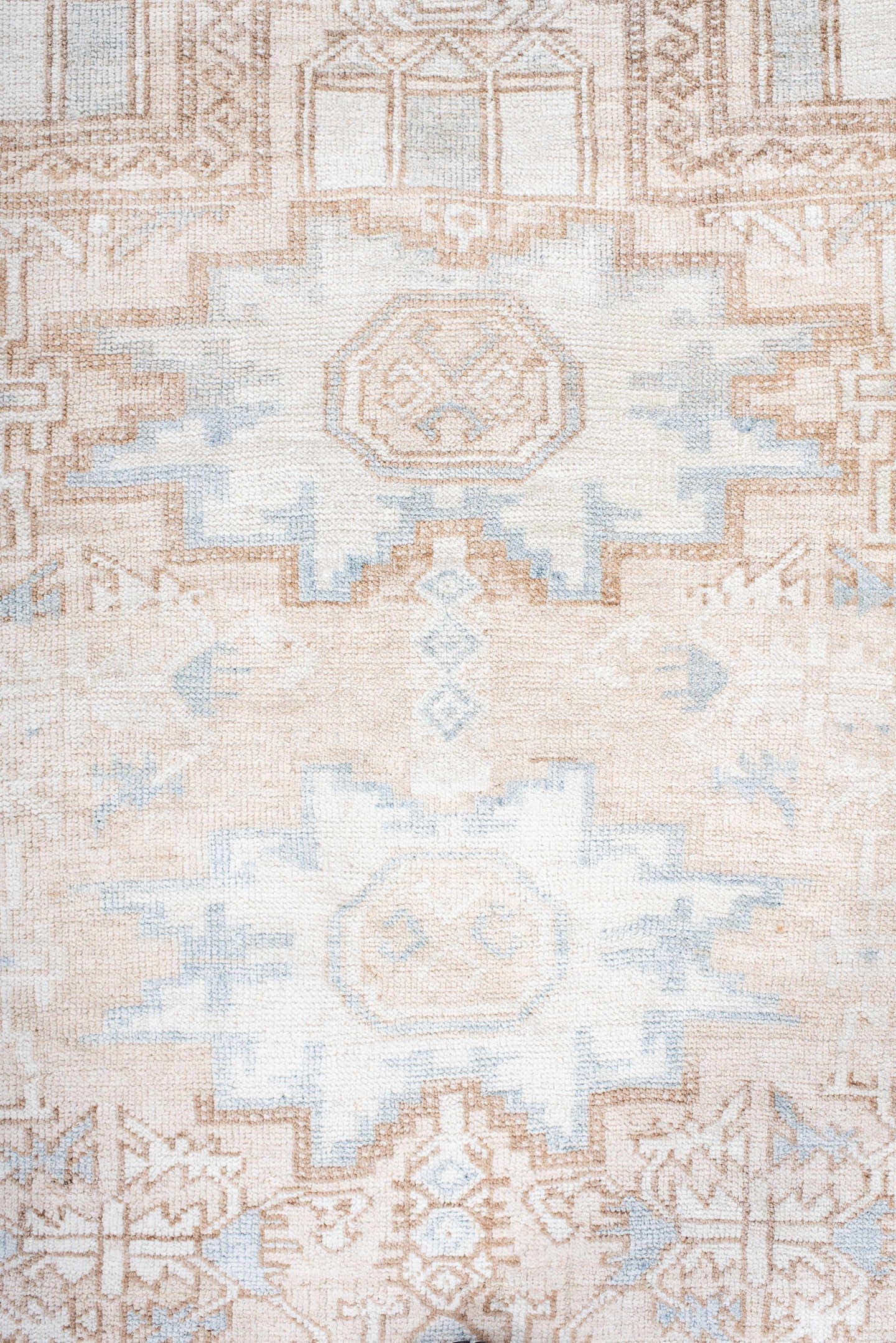 3' x 4' one-of-a-kind handmade antique Belouch small size rug. Color palette: ivory, camel, pale blue, beige, taupe