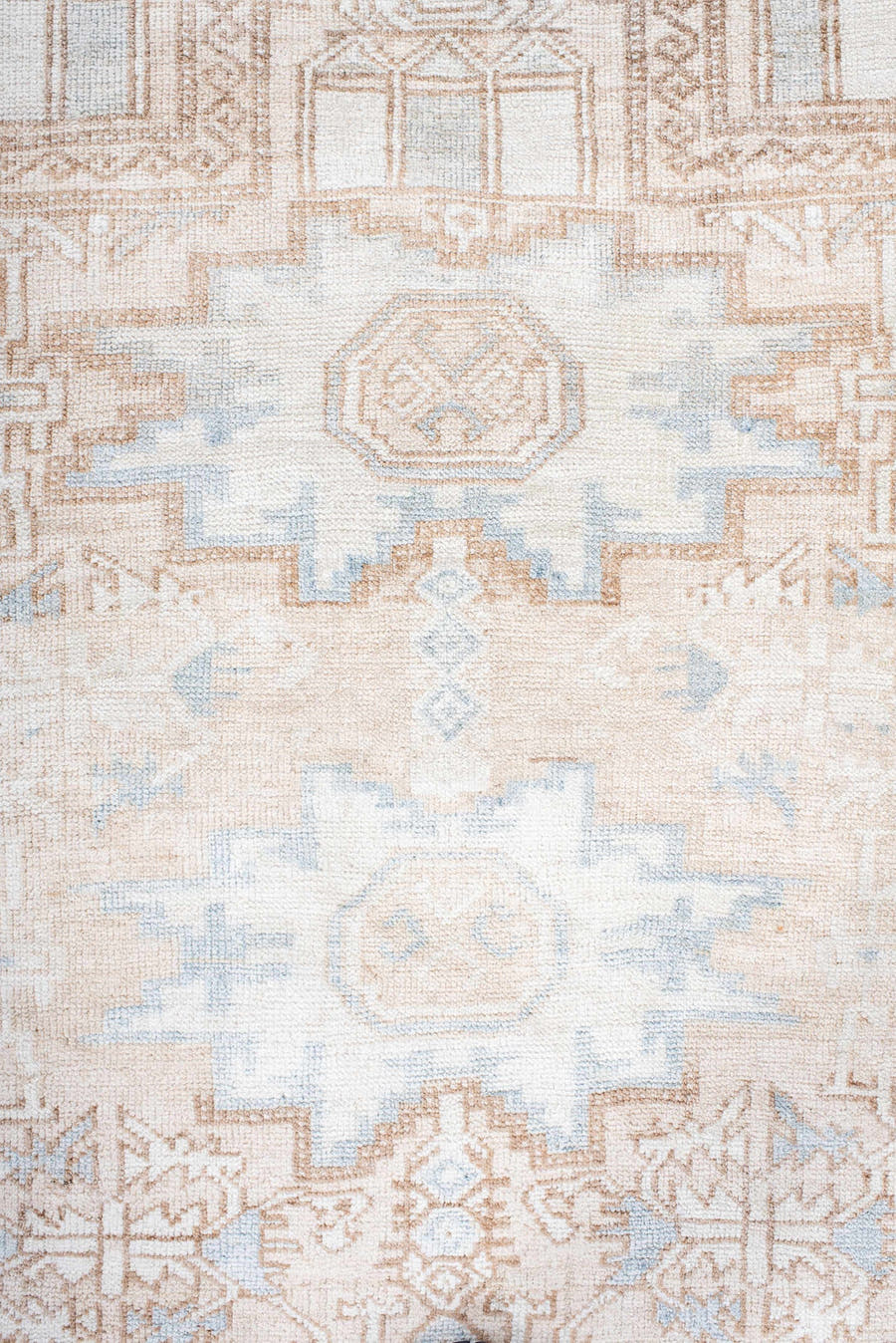 3' x 4' one-of-a-kind handmade antique Belouch small size rug. Color palette: ivory, camel, pale blue, beige, taupe