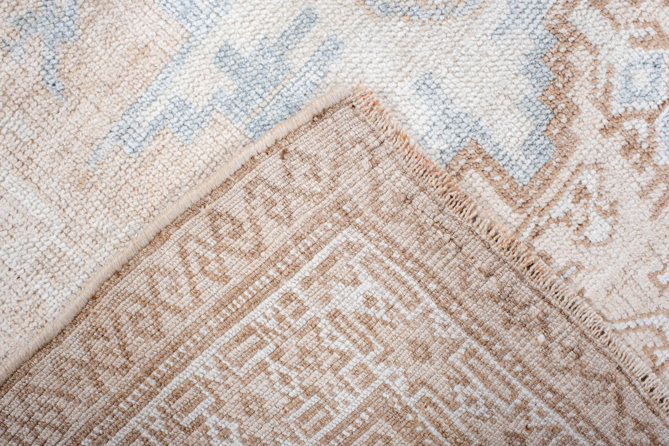 3' x 4' one-of-a-kind handmade antique Belouch small size rug. Color palette: ivory, camel, pale blue, beige, taupe