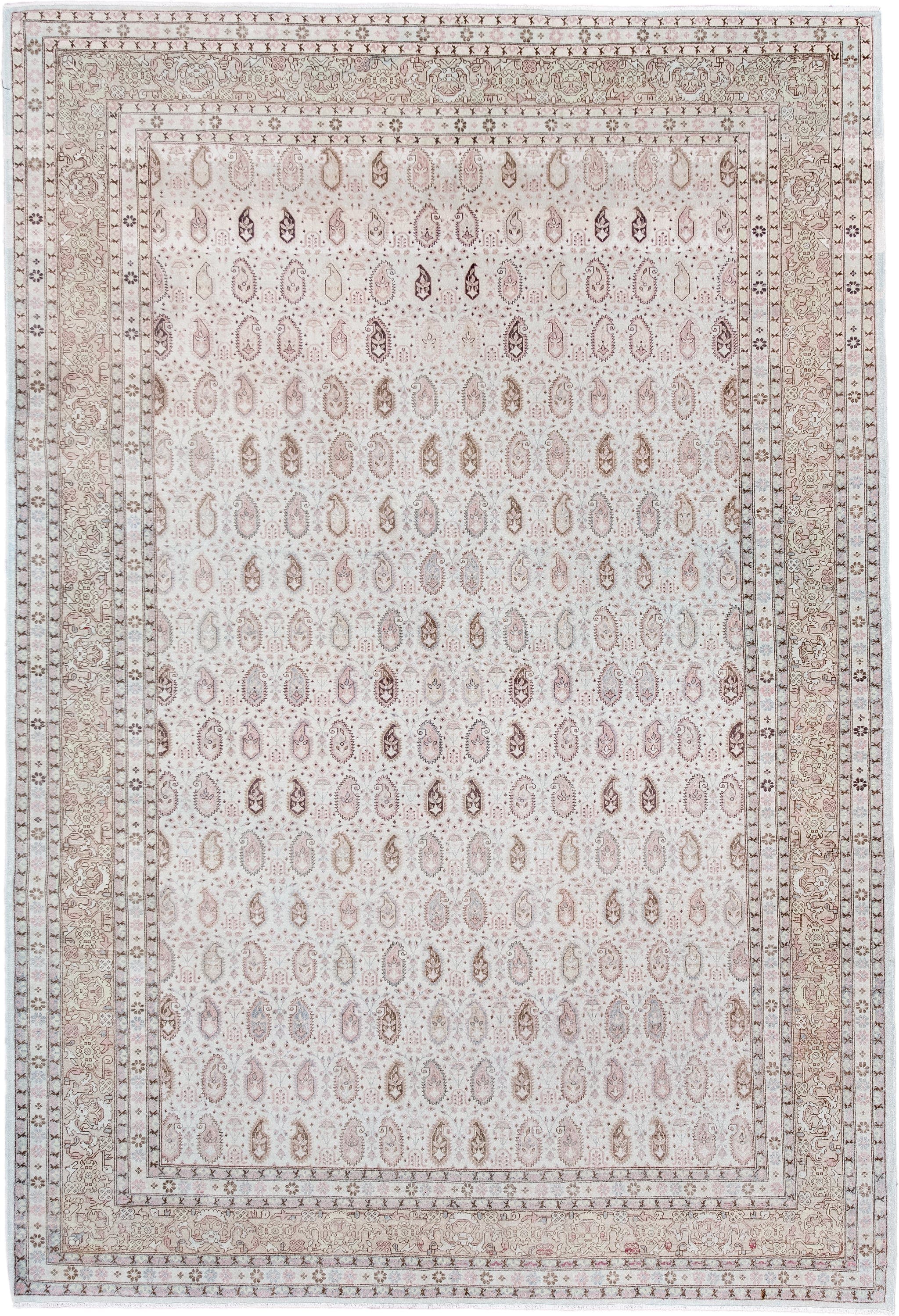 6' x 9' one-of-a-kind handmade antique Sivas medium size rug. Color palette: ivory, blush, taupe, beige, dusty rose, brown