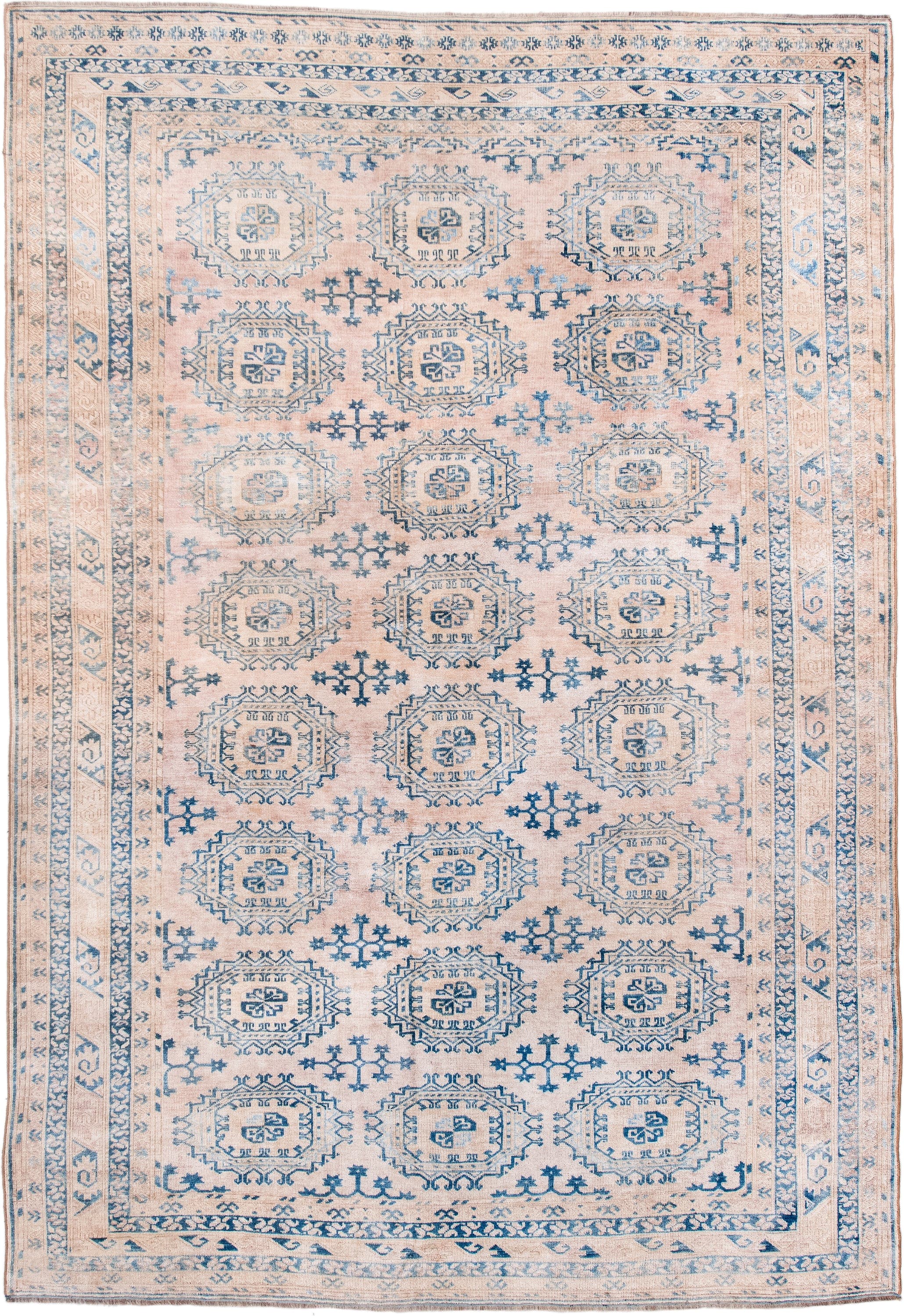 7' x 10' one-of-a-kind handmade antique Afghan large size rug. Color palette: blush, sky blue, ivory, powder blue, beige