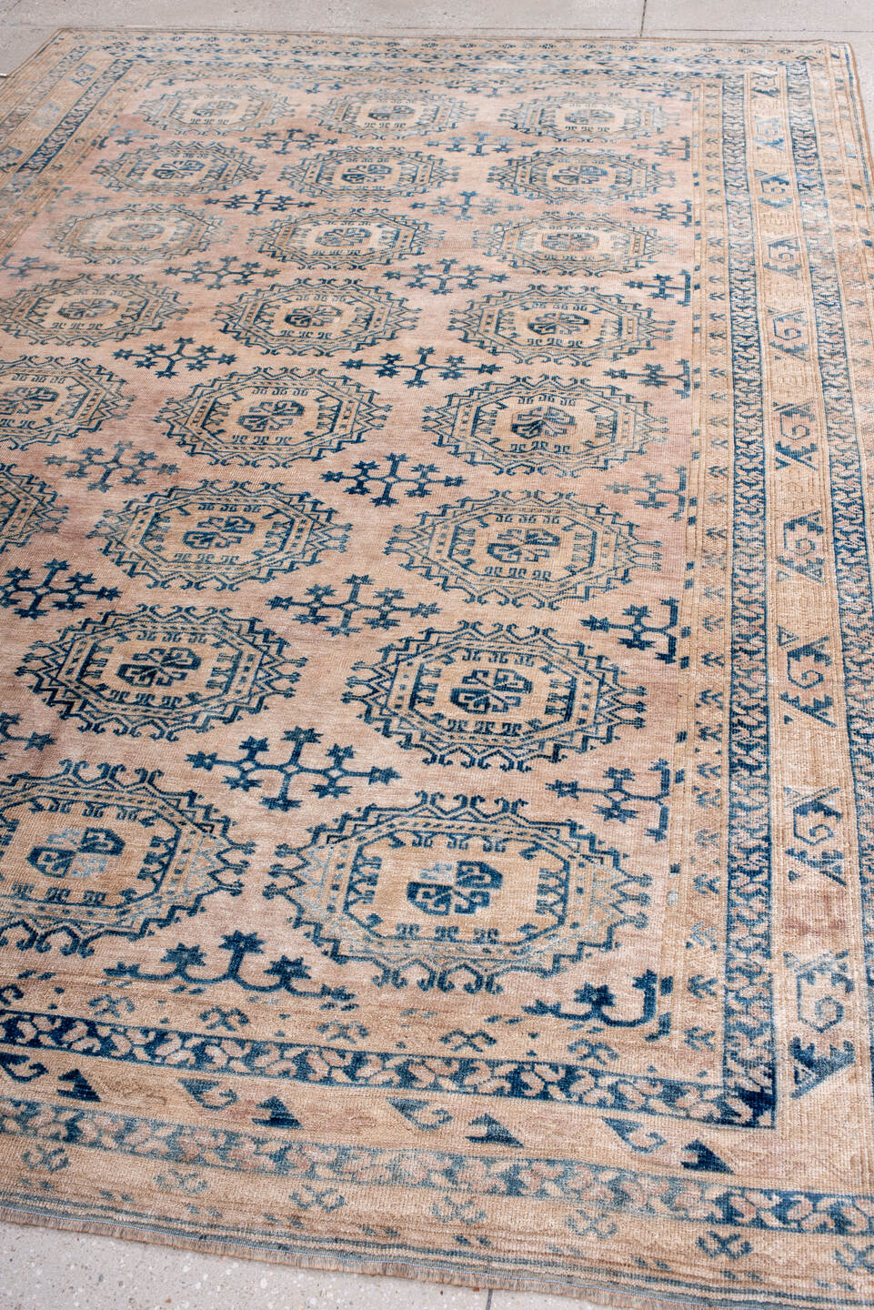 7' x 10' one-of-a-kind handmade vintage Afghan large size rug. Color palette: blue, dark gray, fiord, gray, light blue