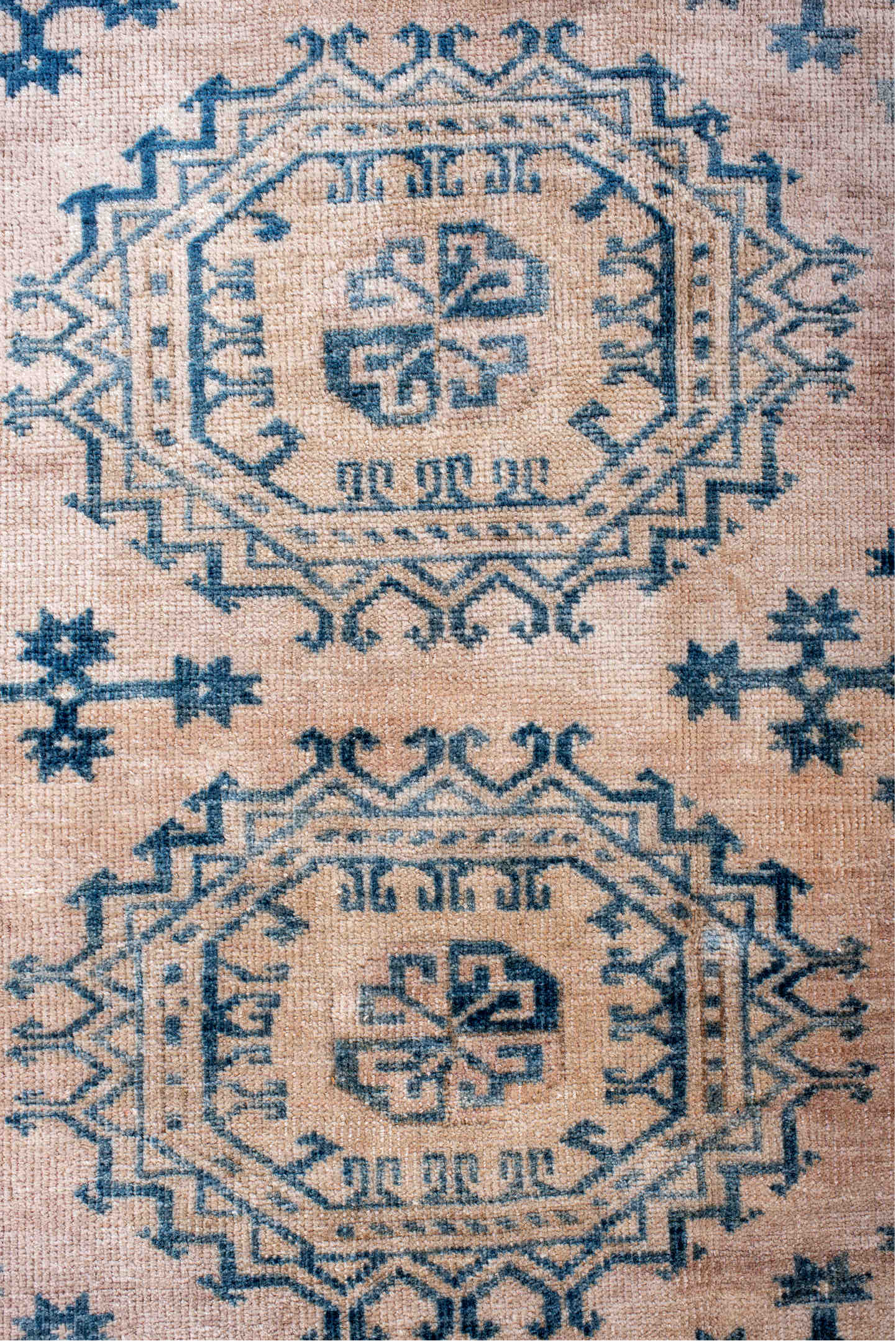 7' x 10' one-of-a-kind handmade vintage Afghan large size rug. Color palette: blue, dark gray, fiord, gray, light blue