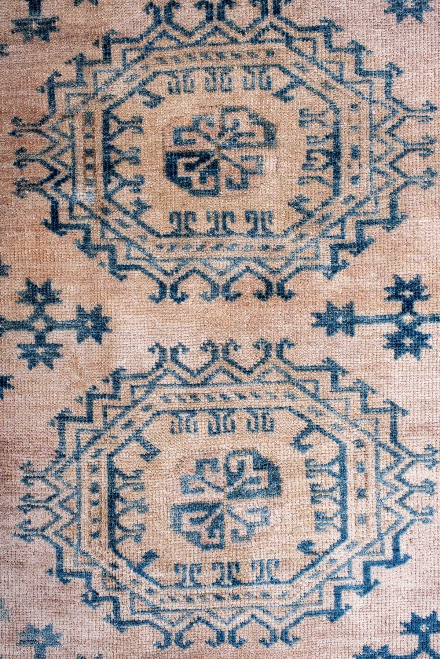 7' x 10' one-of-a-kind handmade antique Afghan large size rug. Color palette: blush, sky blue, ivory, powder blue, beige