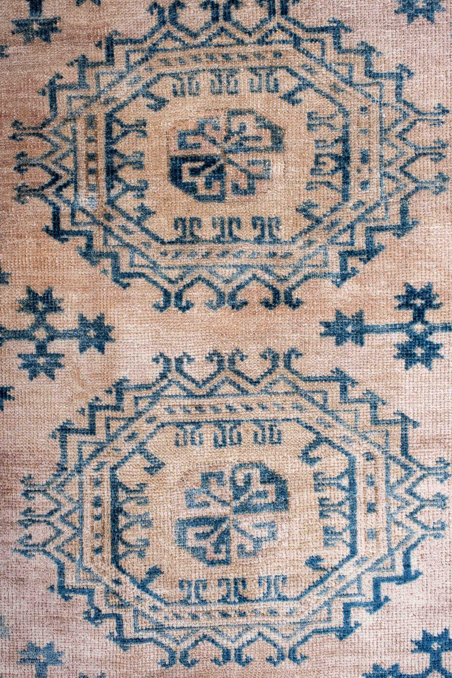 7' x 10' one-of-a-kind handmade antique Afghan large size rug. Color palette: blush, sky blue, ivory, powder blue, beige