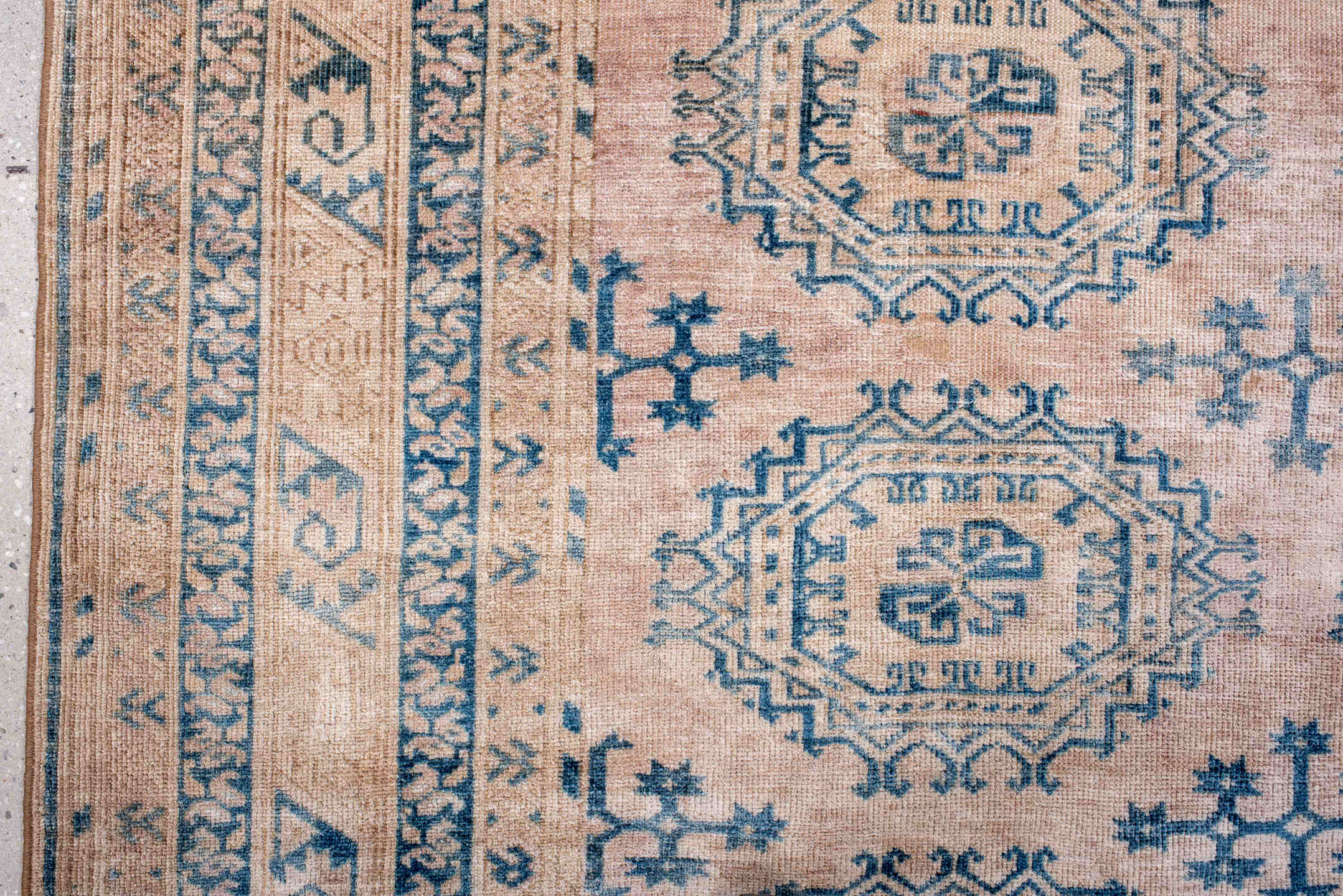 7' x 10' one-of-a-kind handmade antique Afghan large size rug. Color palette: blush, sky blue, ivory, powder blue, beige