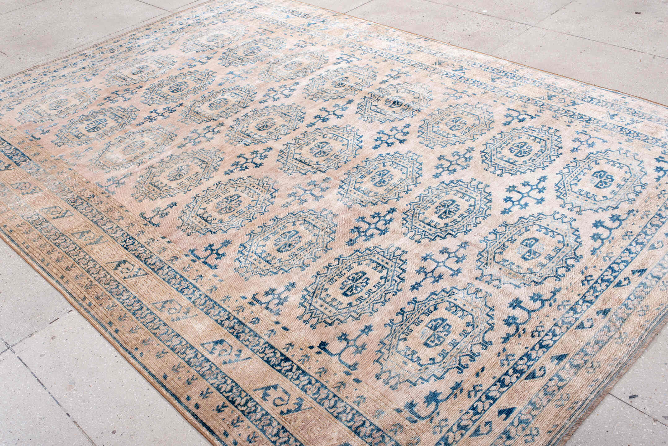 7' x 10' one-of-a-kind handmade antique Afghan large size rug. Color palette: blush, sky blue, ivory, powder blue, beige