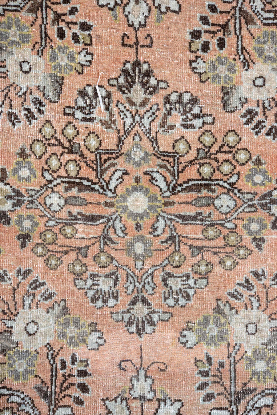 6' x 8' one-of-a-kind handmade vintage Sarouk medium size rug. Color palette: rose, ivory, charcoal, sage, taupe, peach