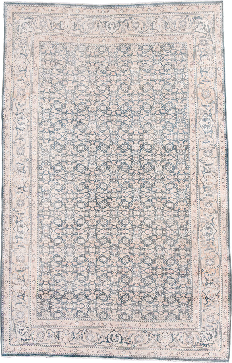 6' x 10' one-of-a-kind handmade antique Tabriz large size rug. Color palette: ivory, pale blue, blush, taupe, slate