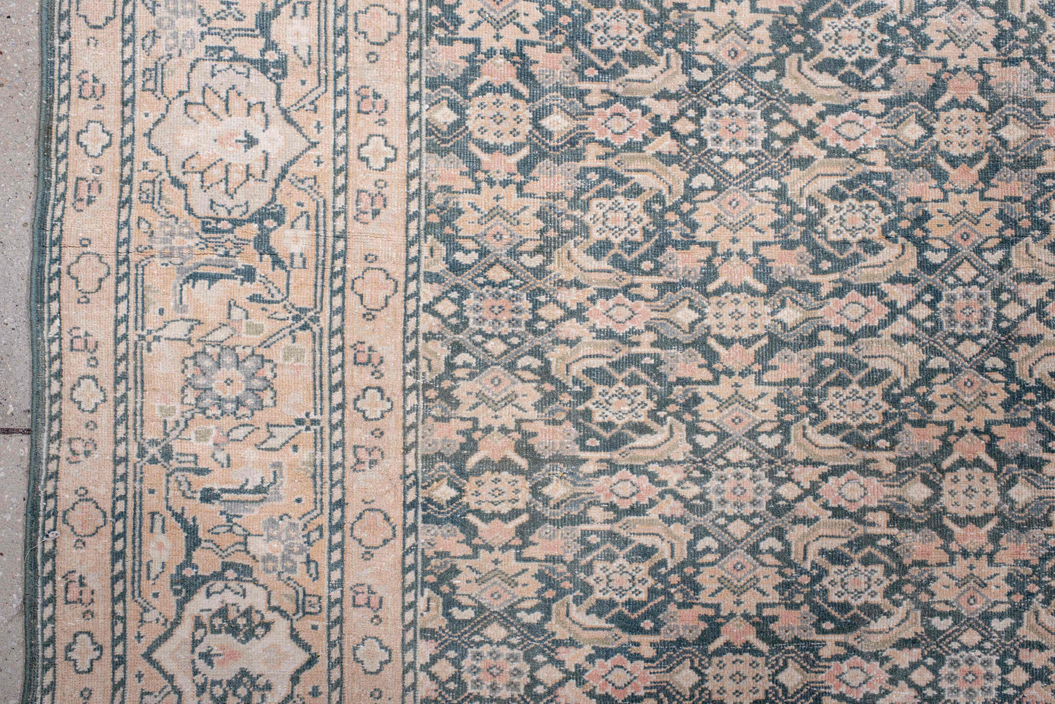 6' x 10' one-of-a-kind handmade antique Tabriz large size rug. Color palette: ivory, pale blue, blush, taupe, slate