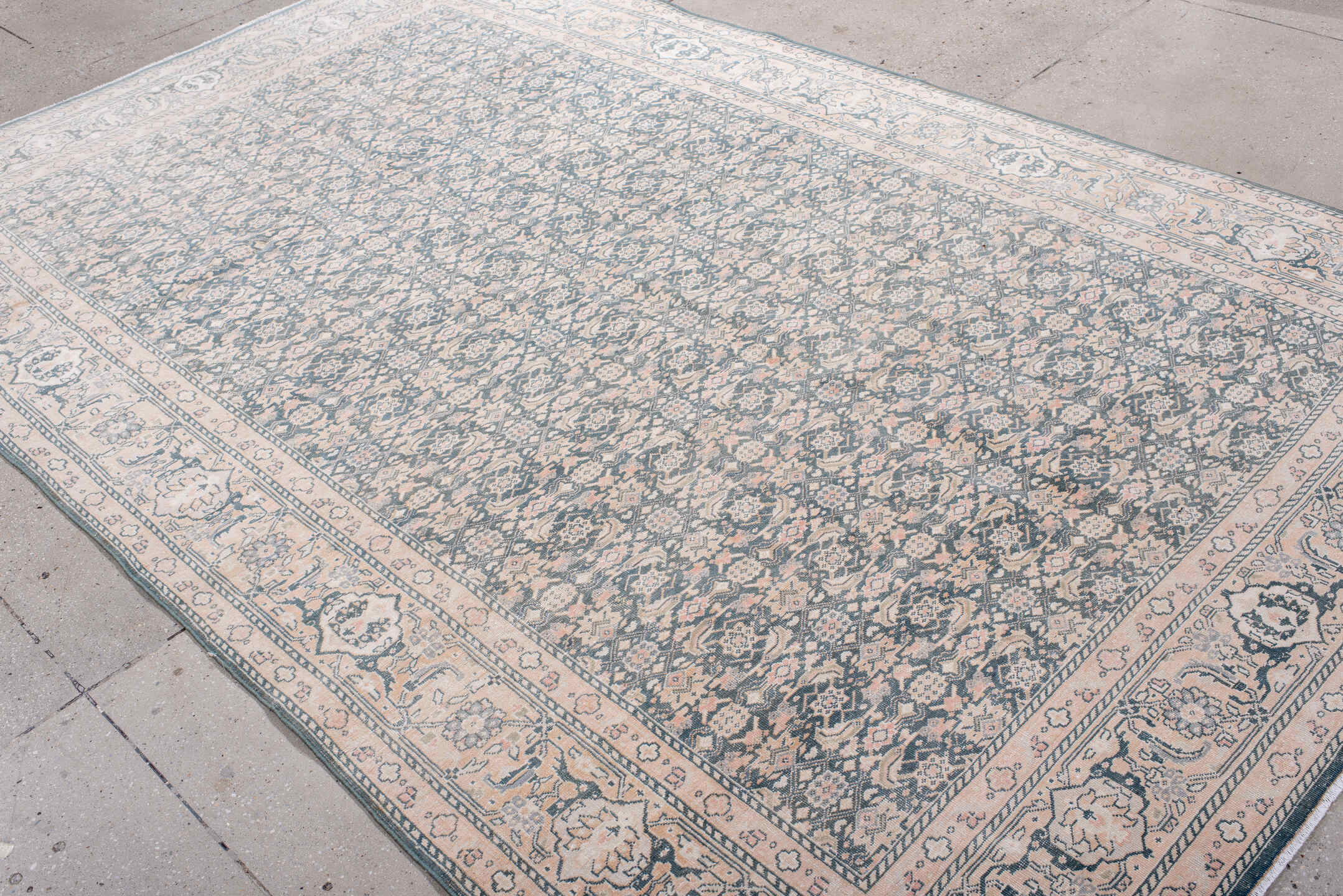 6' x 10' one-of-a-kind handmade antique Tabriz large size rug. Color palette: ivory, pale blue, blush, taupe, slate