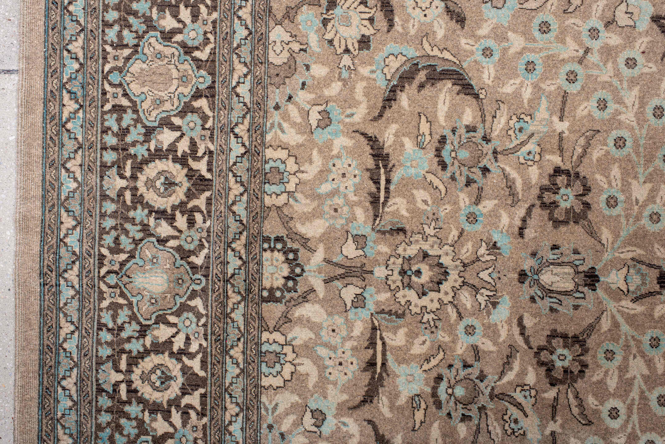6' x 10' one-of-a-kind handmade antique Sivas large size rug. Color palette: beige, brown, ivory, taupe, pale blue, rose