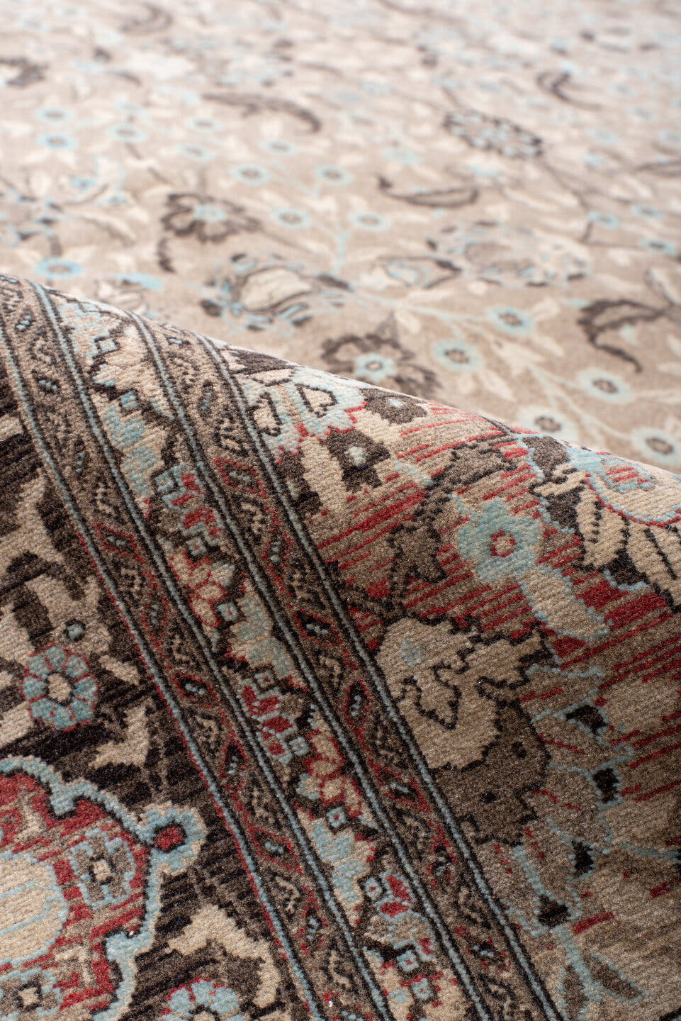 6' x 10' one-of-a-kind handmade antique Sivas large size rug. Color palette: beige, brown, ivory, taupe, pale blue, rose