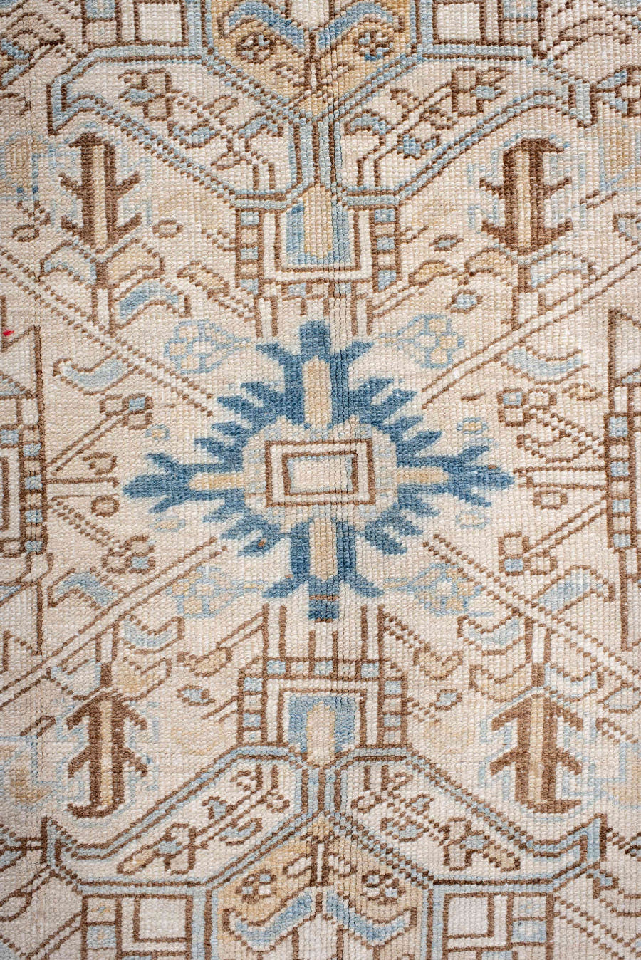 6' x 8' one-of-a-kind handmade antique Heriz medium size rug. Color palette: ivory, sky blue, camel, taupe, light brown