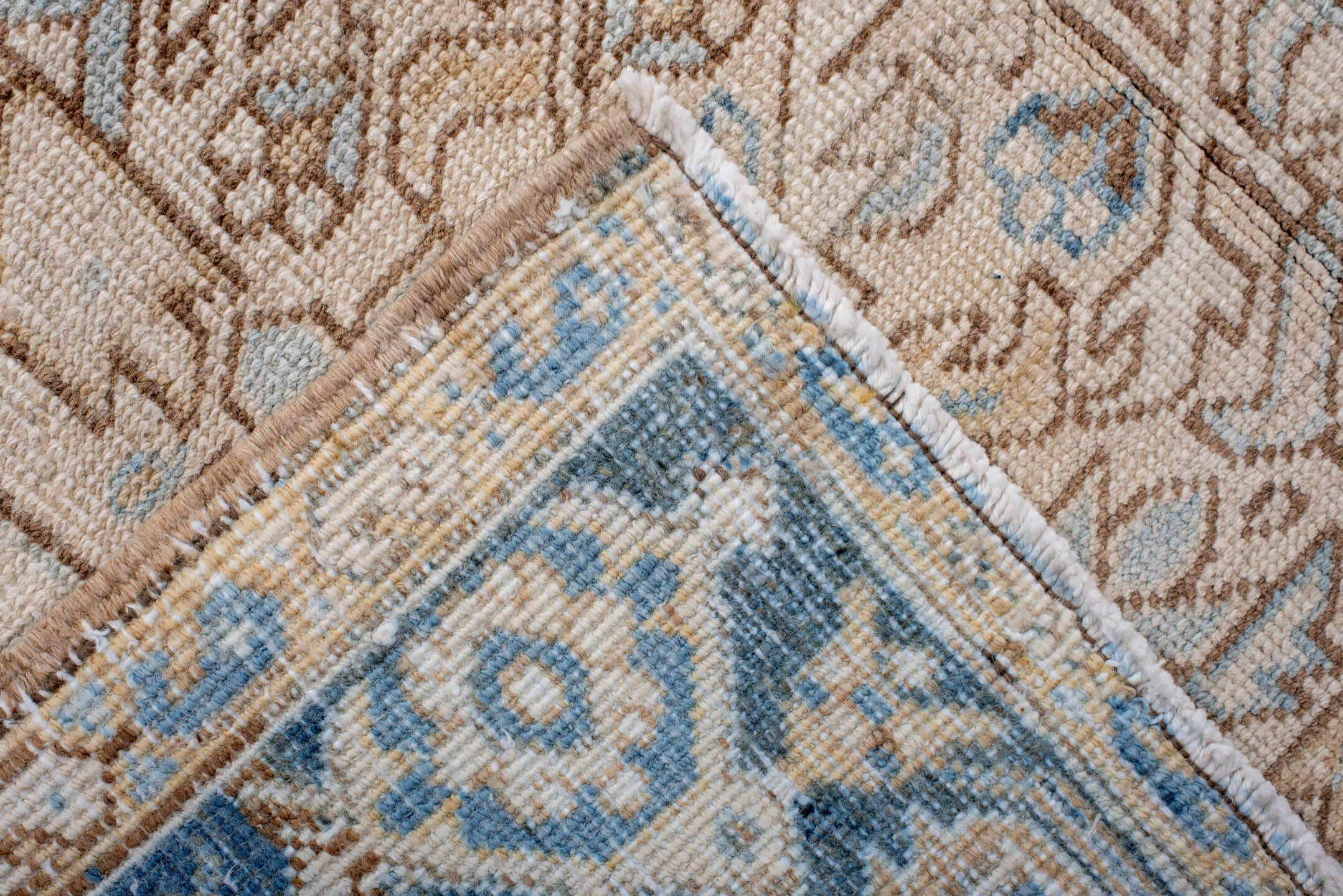 6' x 8' one-of-a-kind handmade antique Heriz medium size rug. Color palette: ivory, sky blue, camel, taupe, light brown