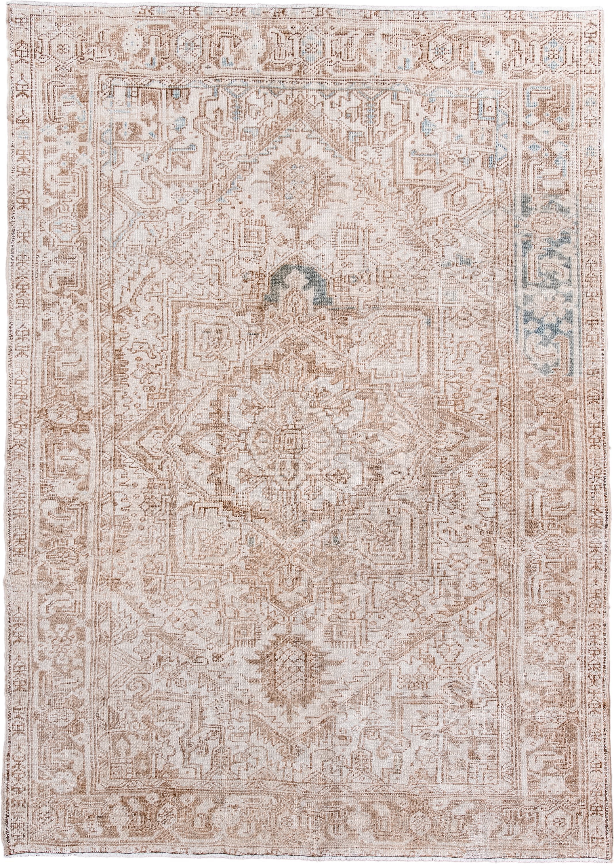 6' x 8' one-of-a-kind handmade antique Heriz medium size rug. Color palette: ivory, camel, taupe, beige, pale blue, sand
