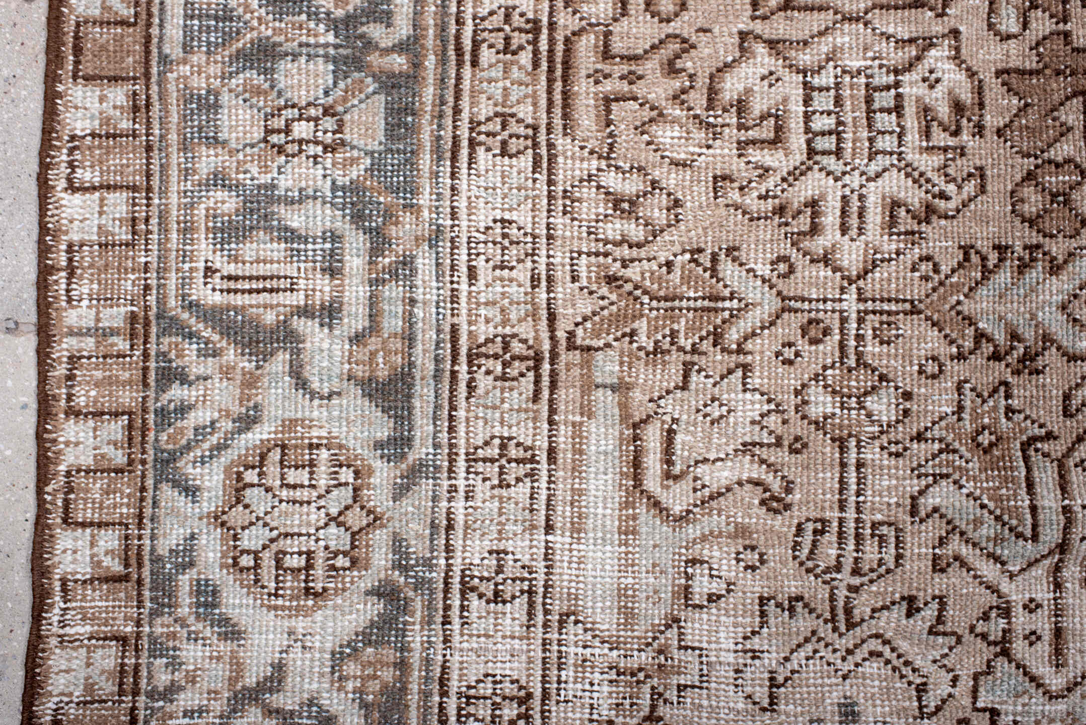 7' x 10' one-of-a-kind handmade antique Heriz large size rug. Color palette: ivory, taupe, charcoal, brown, beige, slate