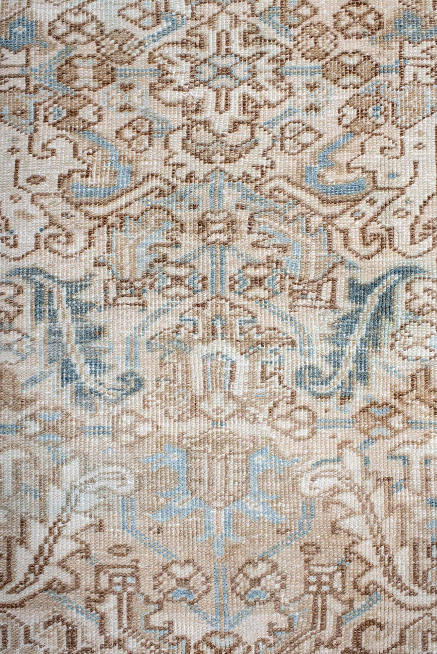 6' x 9' one-of-a-kind handmade antique Heriz medium size rug. Color palette: ivory, light blue, taupe, beige, camel