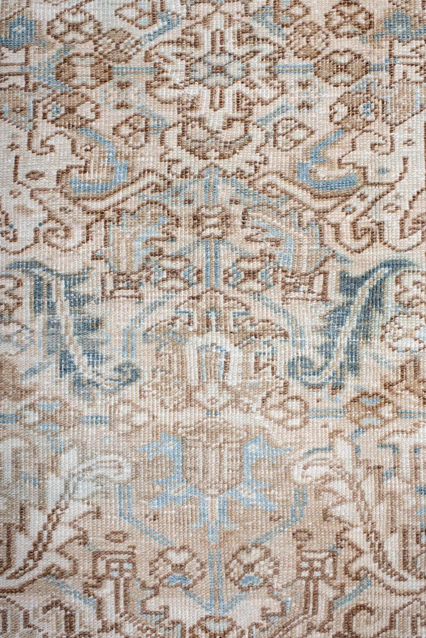 6' x 9' one-of-a-kind handmade antique Heriz medium size rug. Color palette: ivory, light blue, taupe, beige, camel