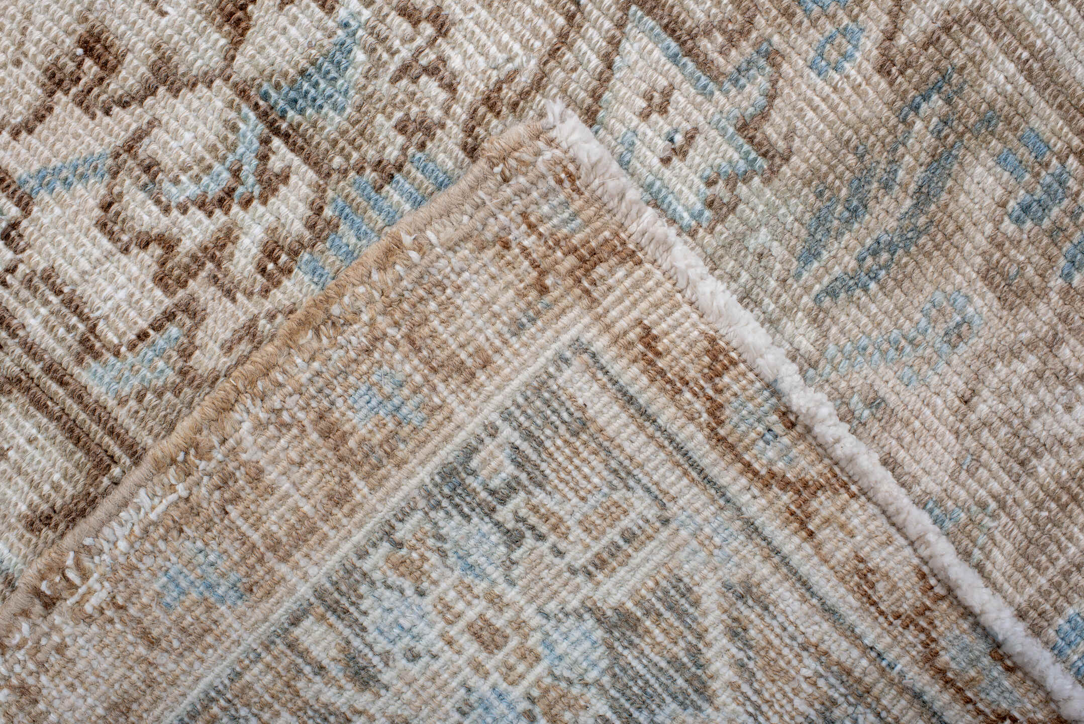 6' x 9' one-of-a-kind handmade antique Heriz medium size rug. Color palette: ivory, light blue, taupe, beige, camel