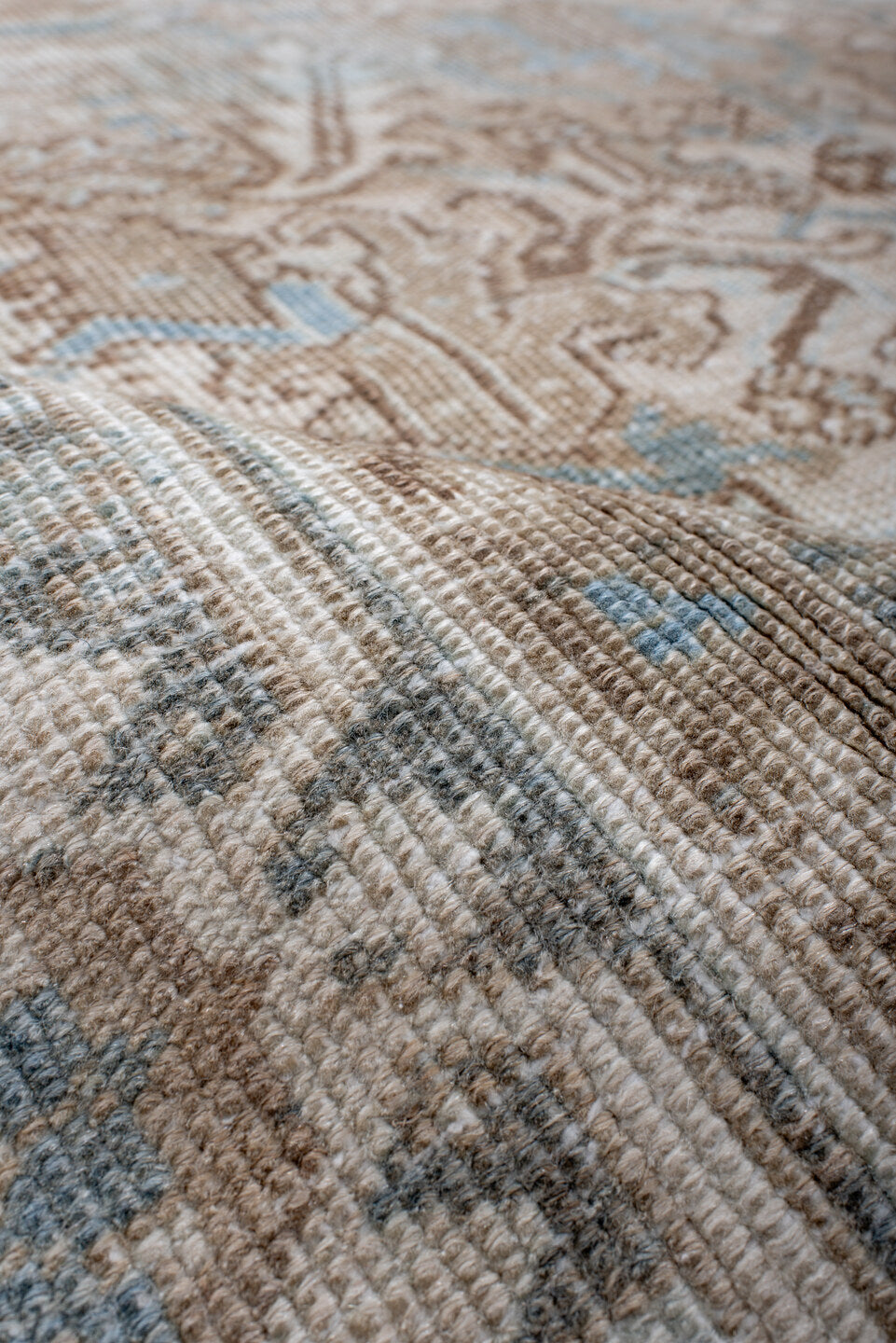 6' x 9' one-of-a-kind handmade antique Heriz medium size rug. Color palette: ivory, light blue, taupe, beige, camel