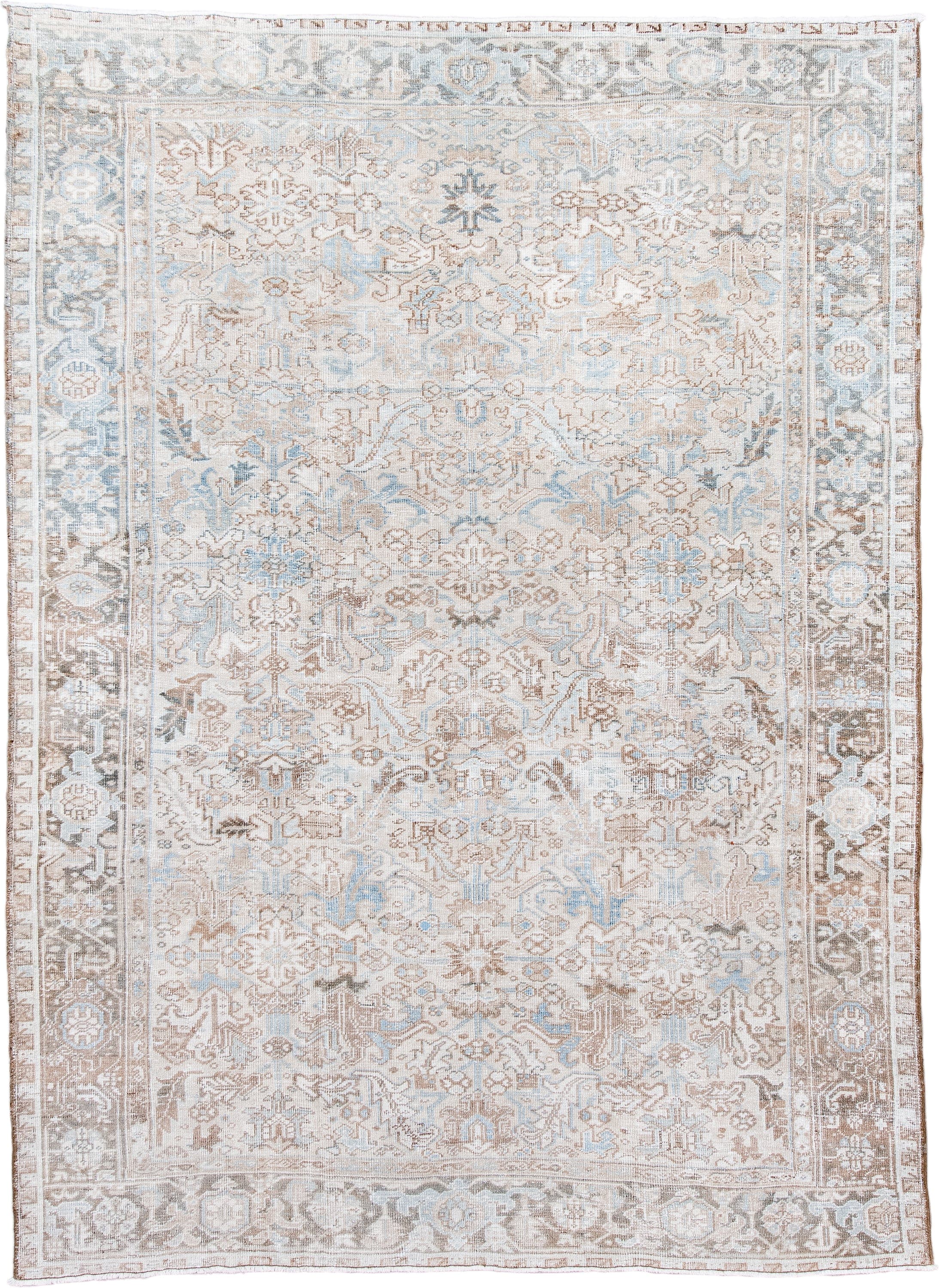 7' x 10' one-of-a-kind handmade antique Heriz large size rug. Color palette: ivory, taupe, powder_blue, beige, light_gray