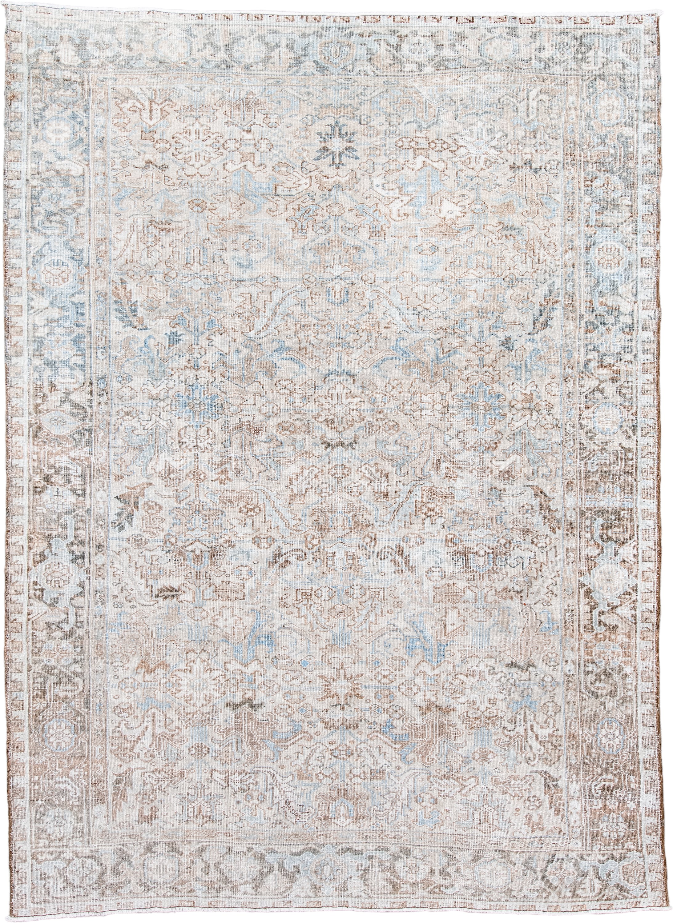 7' x 10' one-of-a-kind handmade antique Heriz large size rug. Color palette: ivory, taupe, powder_blue, beige, light_gray
