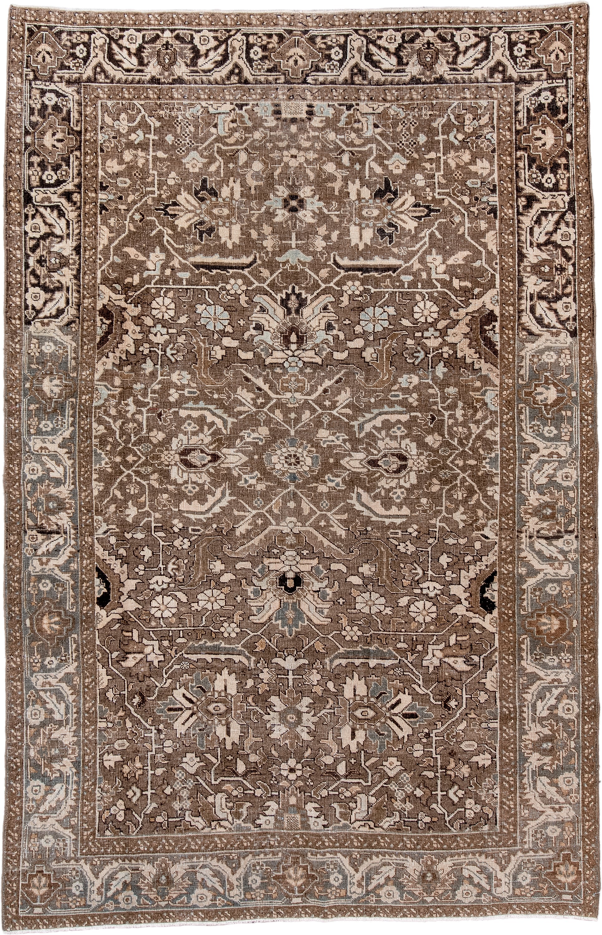 6' x 10' one-of-a-kind handmade antique Heriz large size rug. Color palette: taupe, brown, ivory, slate, beige, charcoal