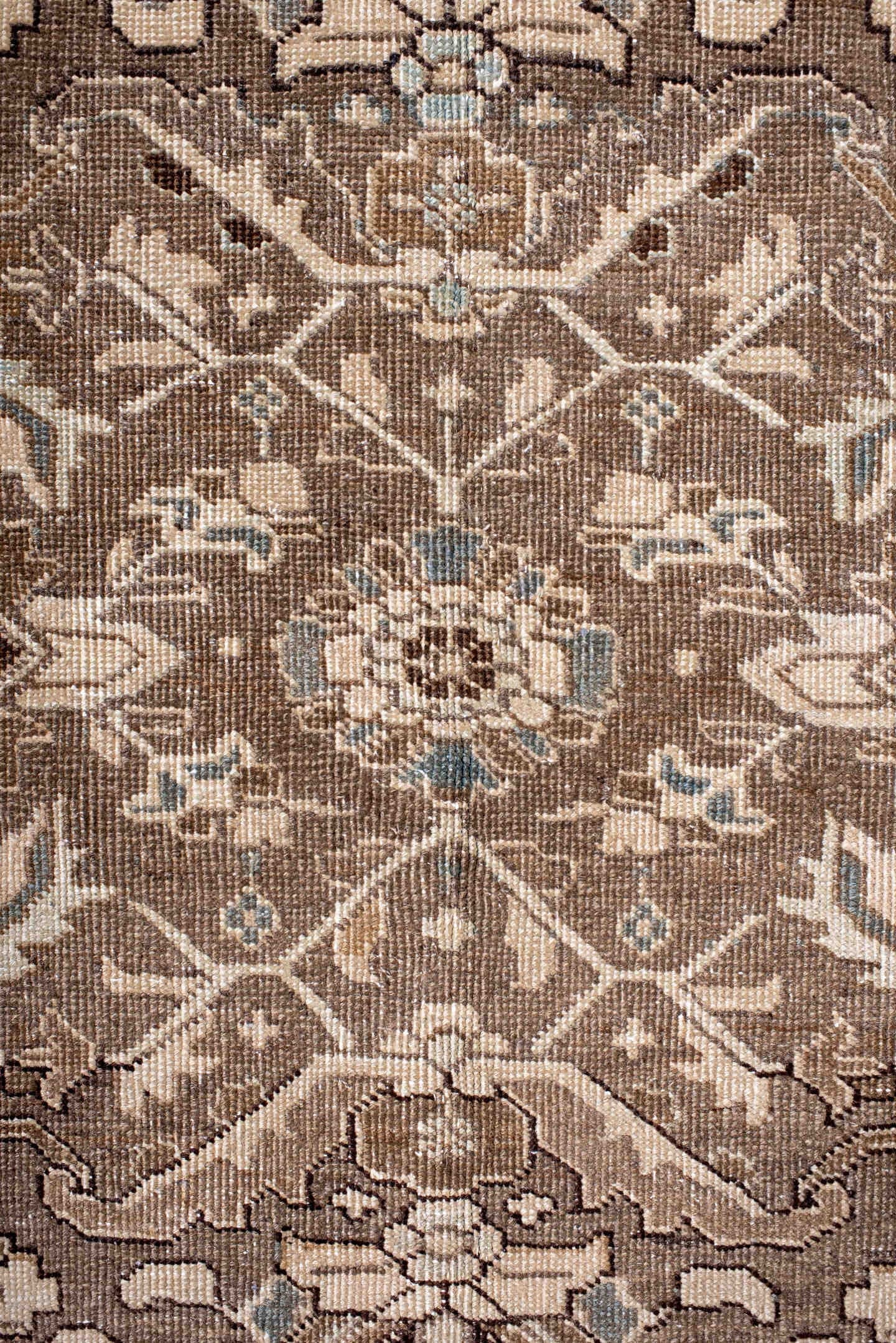 6' x 10' one-of-a-kind handmade antique Heriz large size rug. Color palette: taupe, brown, ivory, slate, beige, charcoal