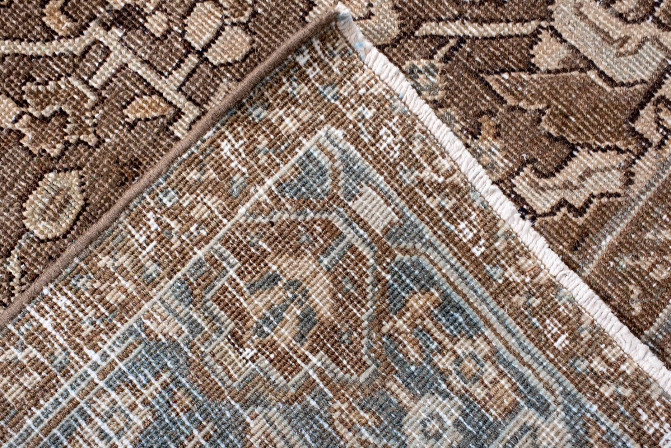 6' x 10' one-of-a-kind handmade antique Heriz large size rug. Color palette: taupe, brown, ivory, slate, beige, charcoal