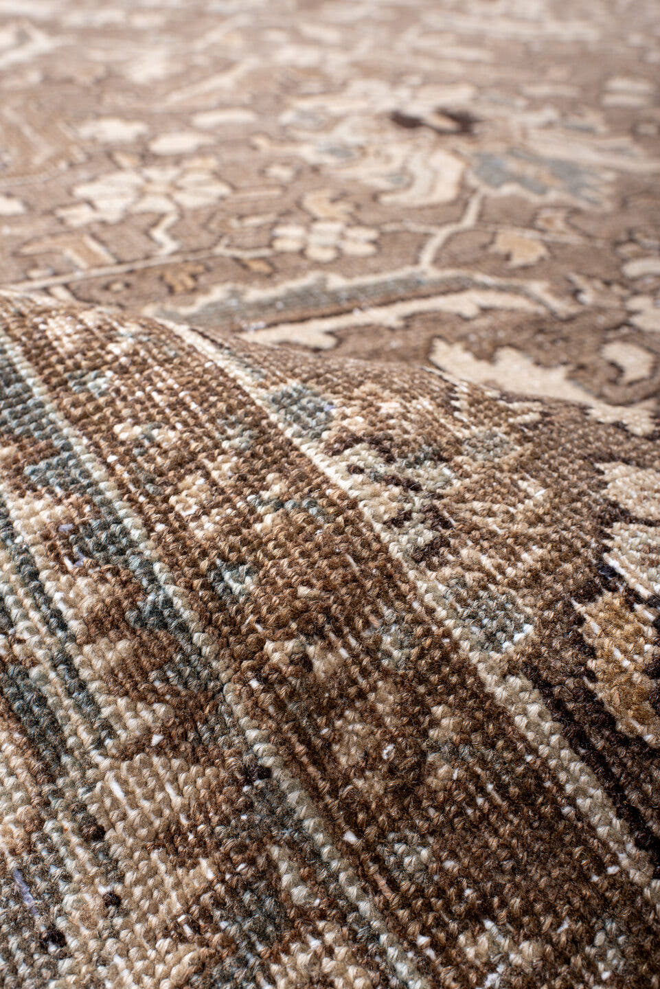 6' x 10' one-of-a-kind handmade antique Heriz large size rug. Color palette: taupe, brown, ivory, slate, beige, charcoal