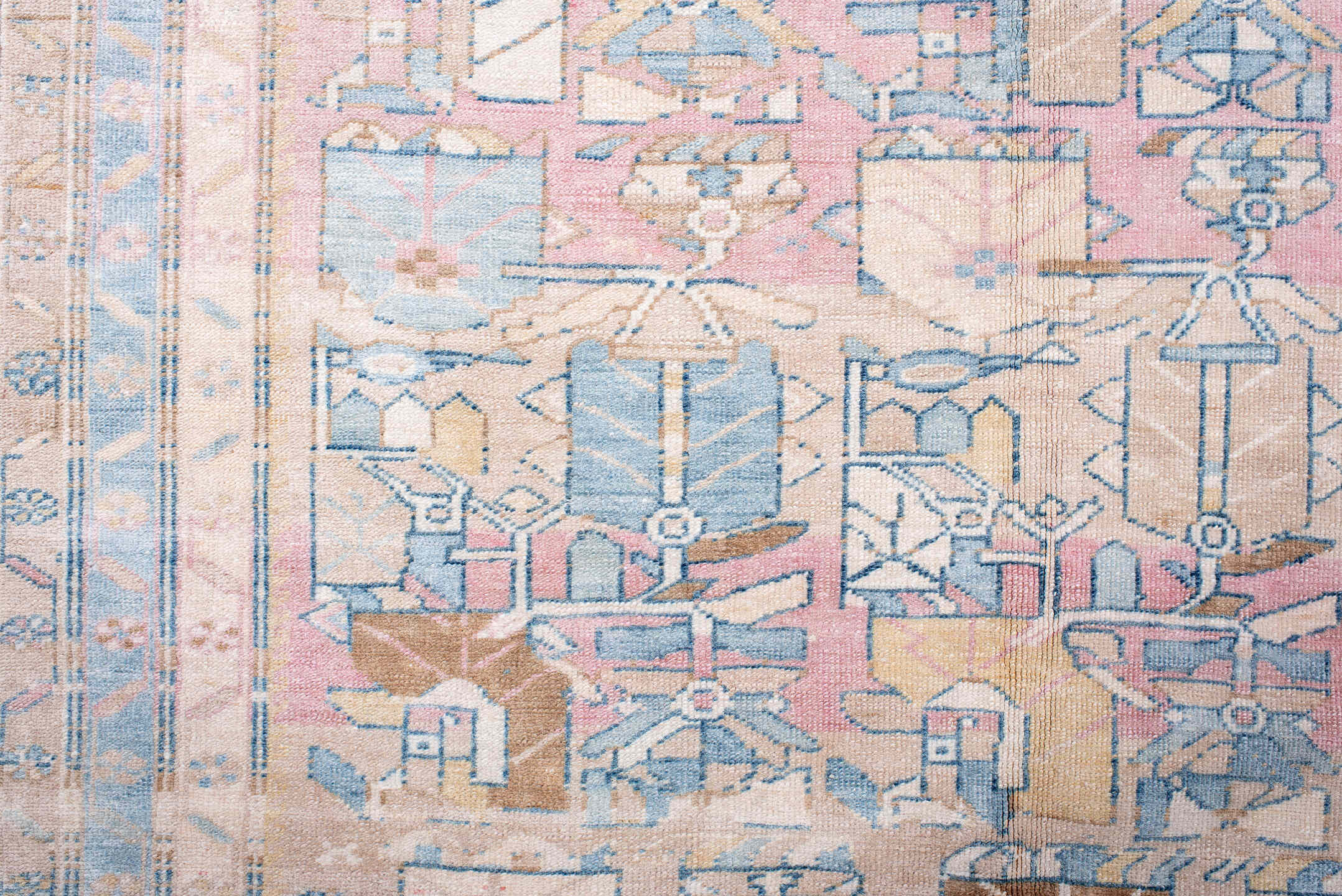 6' x 13' one-of-a-kind handmade antique Sarab large size rug. Color palette: blush, pale blue, ivory, camel, taupe, rose