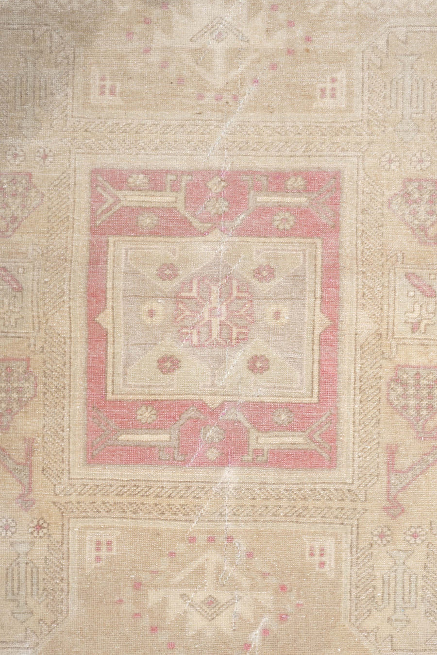 3' x 9' one-of-a-kind handmade antique Sivas runner rug. Color palette: ivory, blush, sand, taupe, pale rose, beige, pink