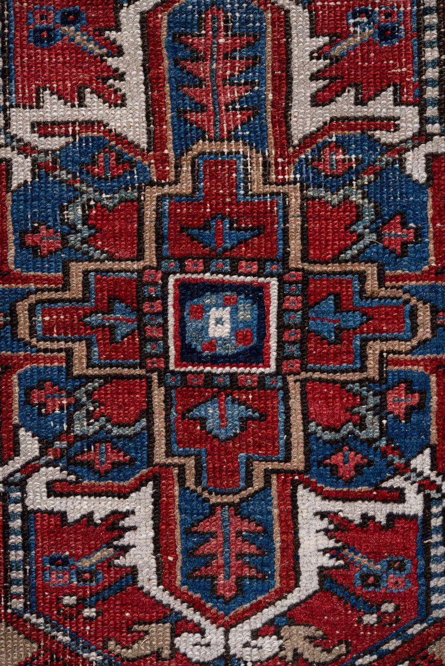 7' x 11' one-of-a-kind handmade vintage Heriz large size rug. Color palette: rust, navy, ivory, sky blue, camel, crimson