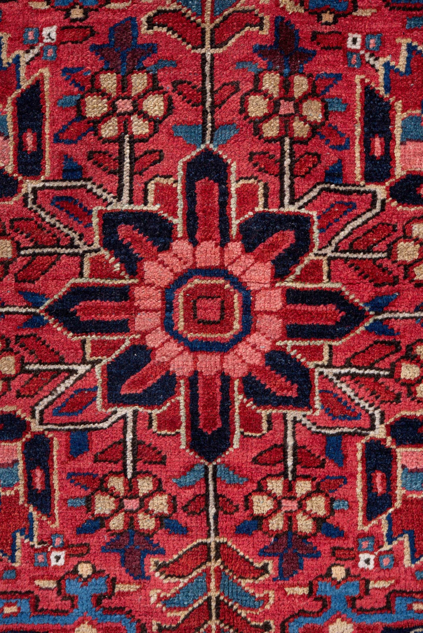 9' x 13' one-of-a-kind handmade vintage Heriz large size rug. Color palette: red, navy, ivory, rust, rose, sky blue