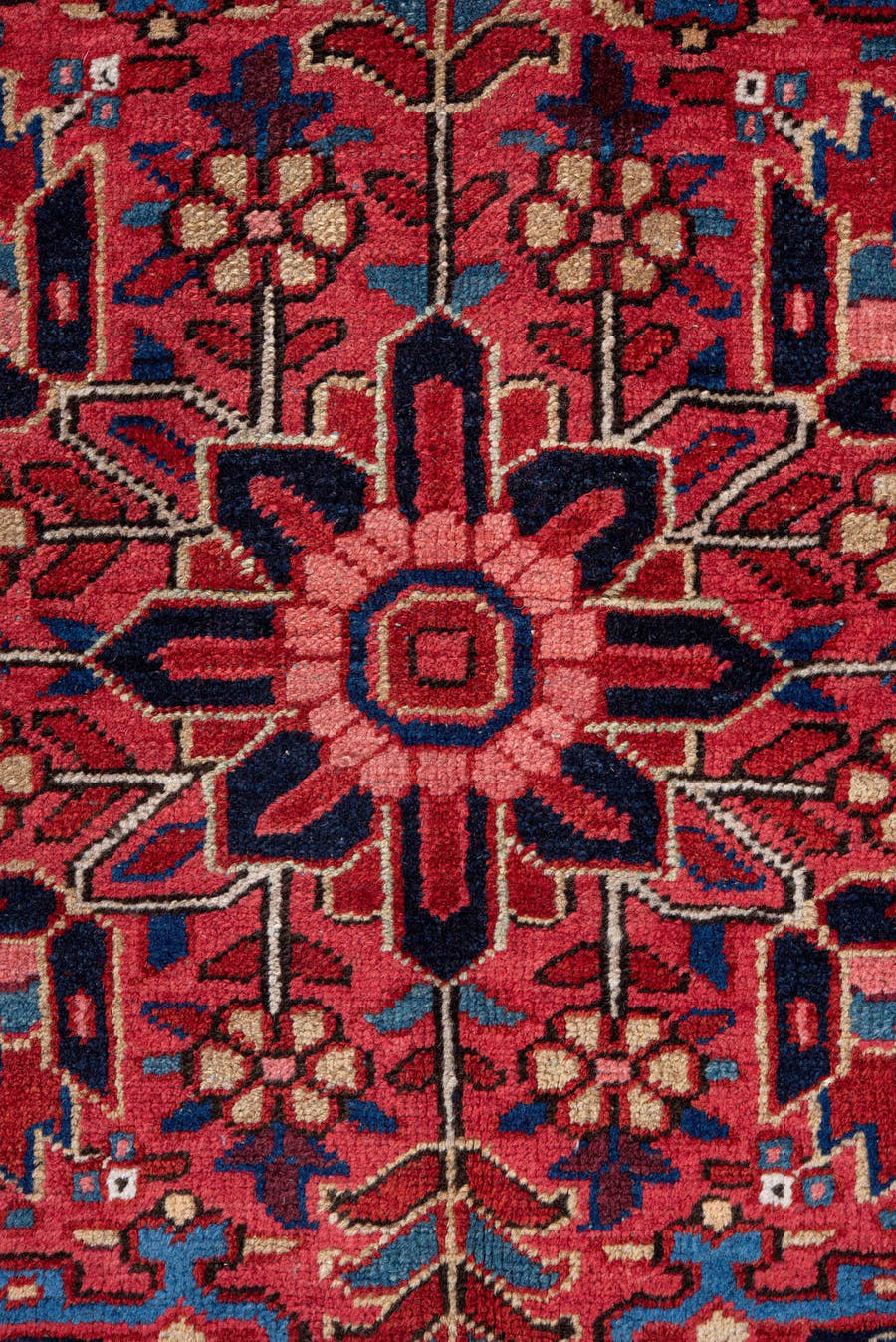 9' x 13' one-of-a-kind handmade vintage Heriz large size rug. Color palette: red, navy, ivory, rust, rose, sky blue