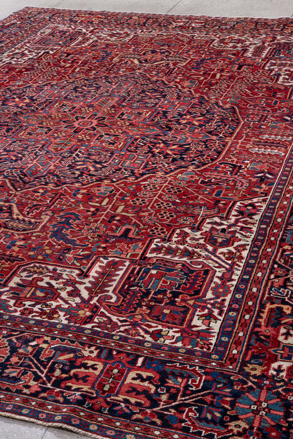 9' x 13' one-of-a-kind handmade vintage Heriz large size rug. Color palette: black, blue, brown, gray, light gray, off-white