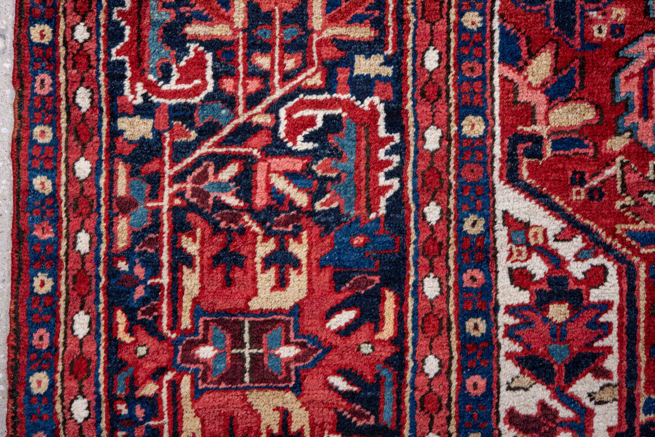 9' x 13' one-of-a-kind handmade vintage Heriz large size rug. Color palette: red, navy, ivory, rust, rose, sky blue