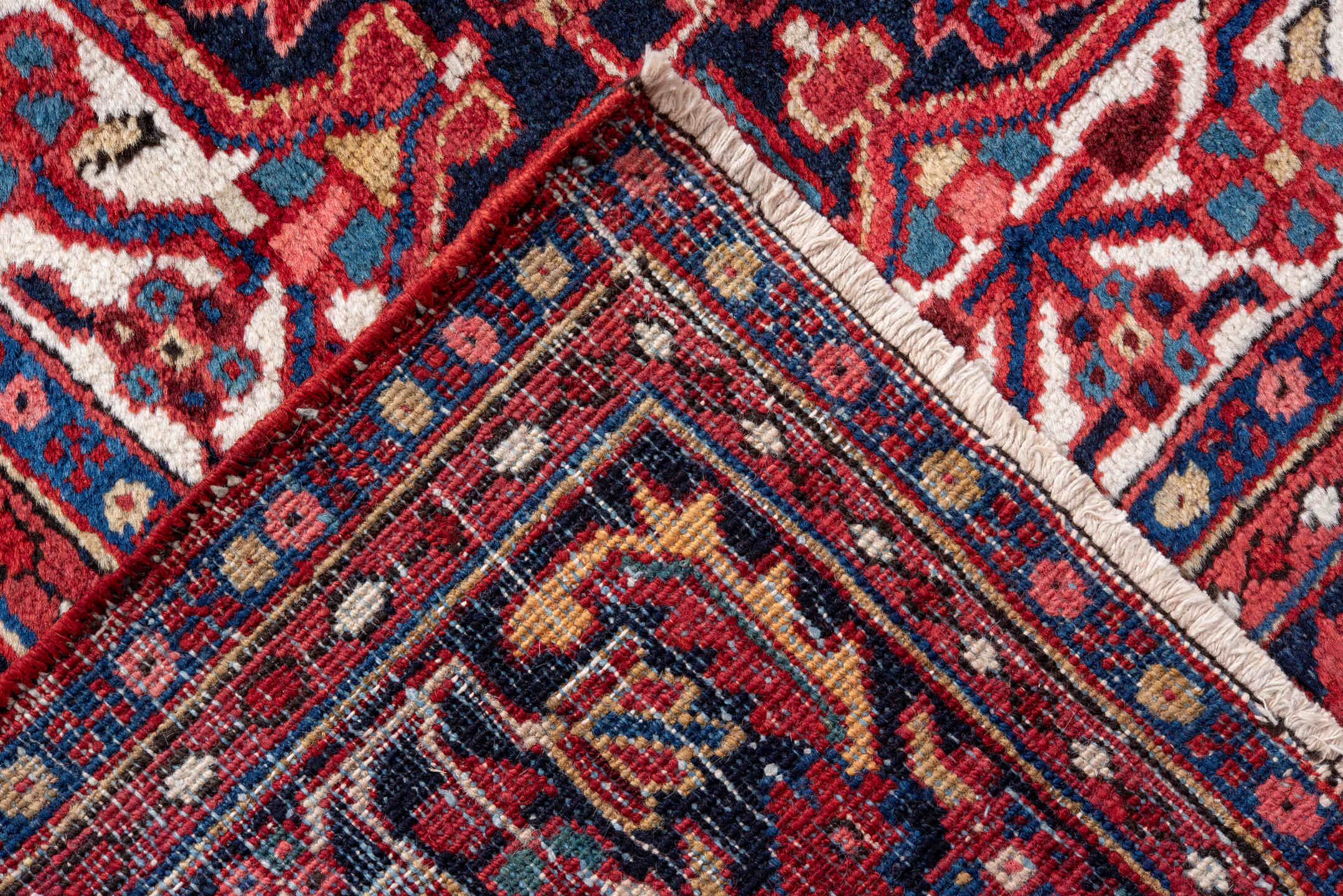 9' x 13' one-of-a-kind handmade vintage Heriz large size rug. Color palette: red, navy, ivory, rust, rose, sky blue