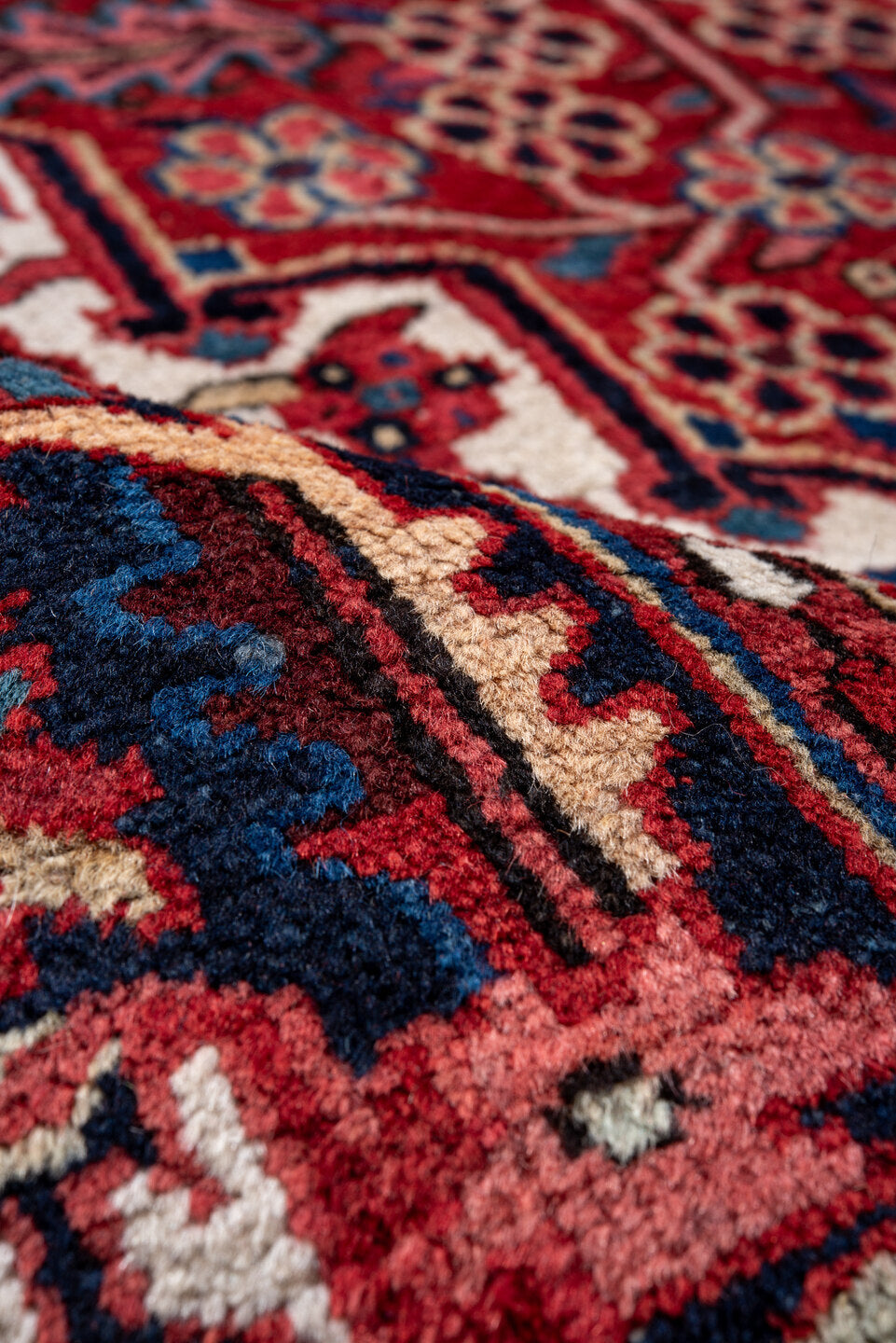 9' x 13' one-of-a-kind handmade vintage Heriz large size rug. Color palette: red, navy, ivory, rust, rose, sky blue