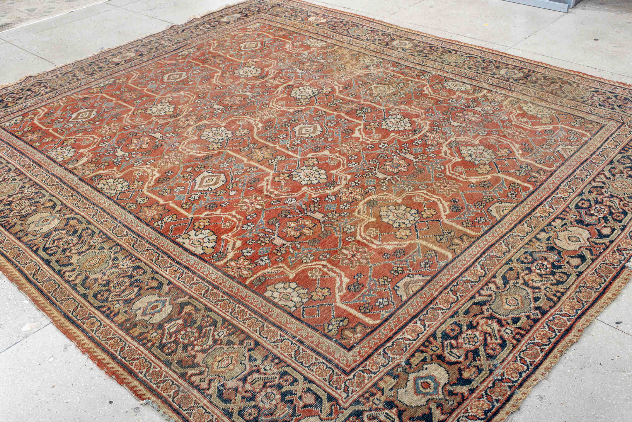 9' x 13' one-of-a-kind handmade vintage Heriz large size rug. Color palette: black, blue, brown, gray, light gray, off-white