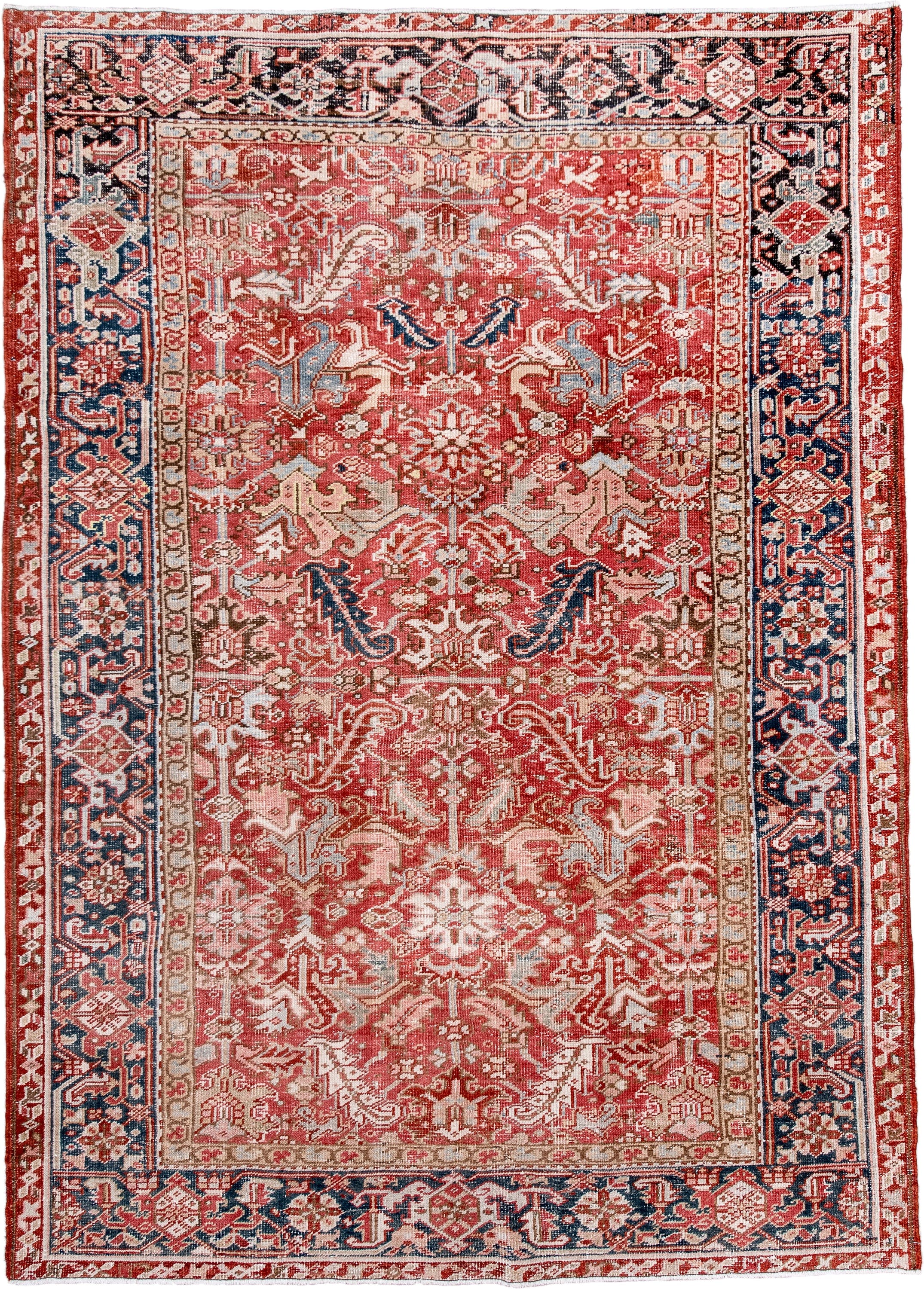 6' x 8' one-of-a-kind handmade antique Heriz medium size rug. Color palette: terra cotta, ivory, navy, soft blue, rust