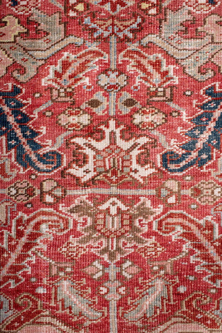 6' x 8' one-of-a-kind handmade antique Heriz medium size rug. Color palette: terra cotta, ivory, navy, soft blue, rust