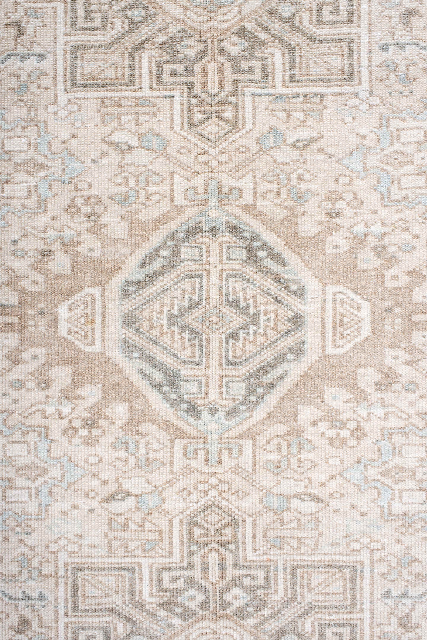4' x 12' one-of-a-kind handmade antique Karaje runner rug. Color palette: ivory, taupe, pale blue, beige, camel, soft gray