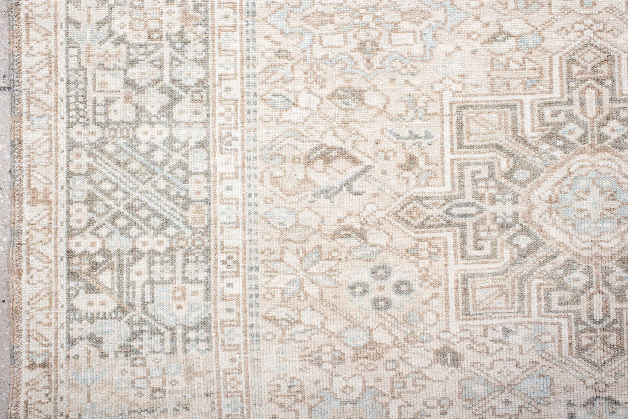 4' x 12' one-of-a-kind handmade antique Karaje runner rug. Color palette: ivory, taupe, pale blue, beige, camel, soft gray