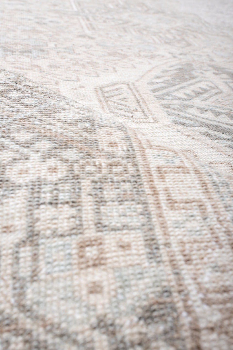 4' x 12' one-of-a-kind handmade antique Karaje runner rug. Color palette: ivory, taupe, pale blue, beige, camel, soft gray